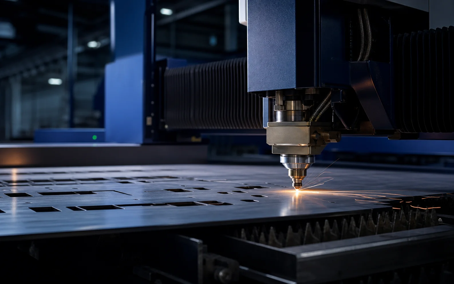 CNC laser cutting a precision pattern into a steel sheet